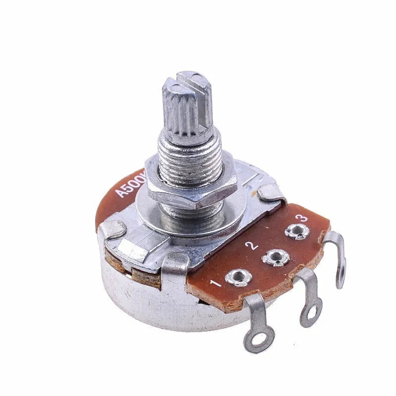 A single metal potentiometer knob for electric guitar, labelled with options A500K Tone, B500K Volume, A250K Tone, B250K Volume.