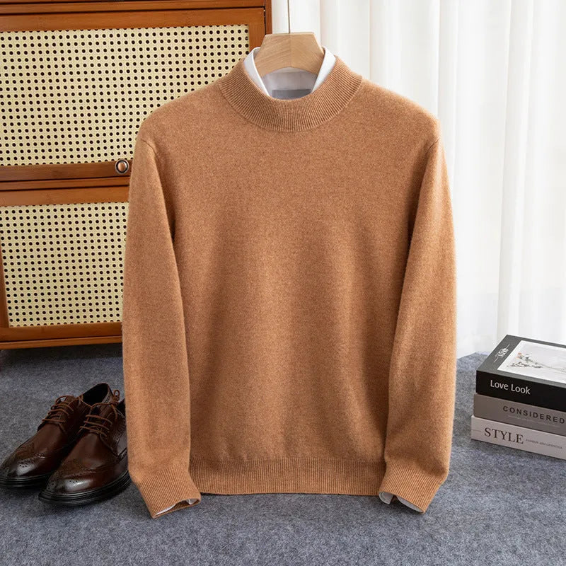 Men's loose fit half-collar sweater in chunky wool knit, shown in camel colour.