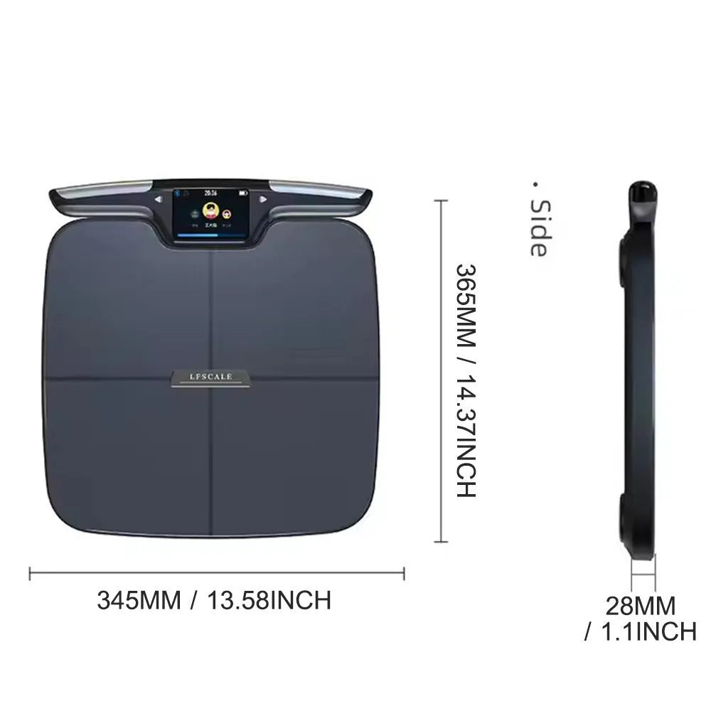 Black eight-electrode body fat and weighing scale on a floor.