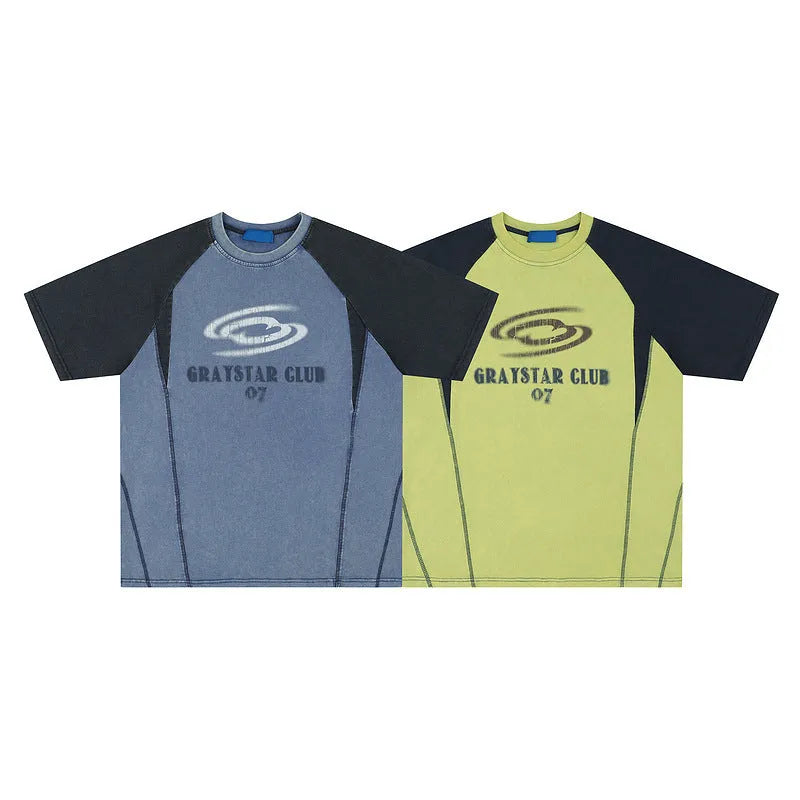 Men's blue hip hop letter print t-shirt with raglan sleeves and loose fit casual styling