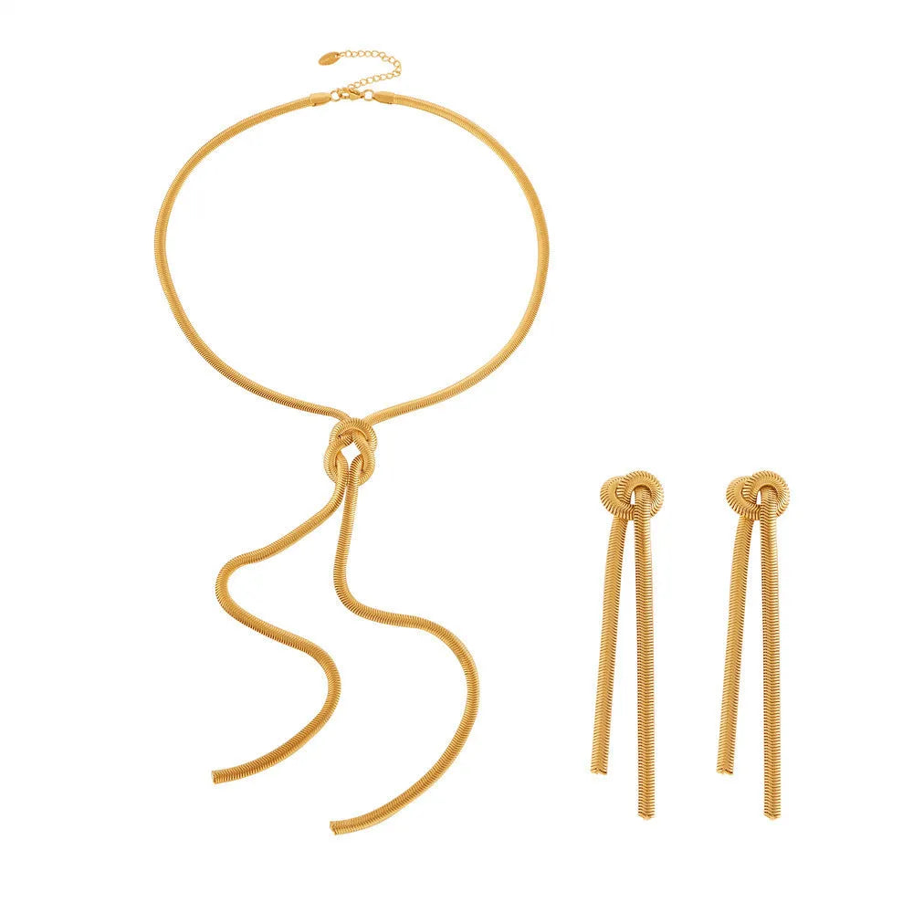 Gold electroplated titanium steel necklace with tassel pendant and matching earrings set