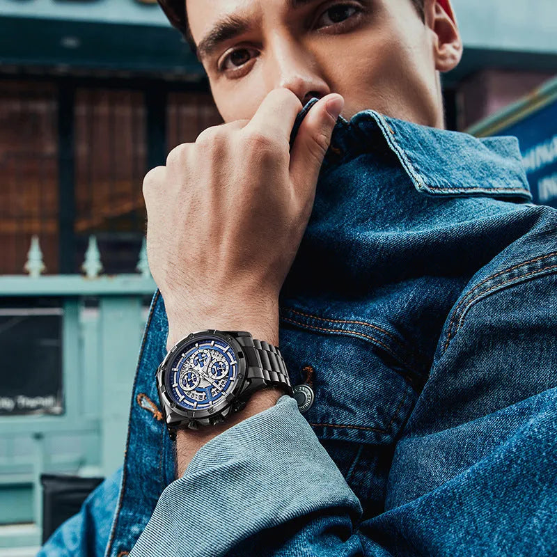 Men's waterproof luminous quartz watch with a steel belt, shown in black and blue colour variant.