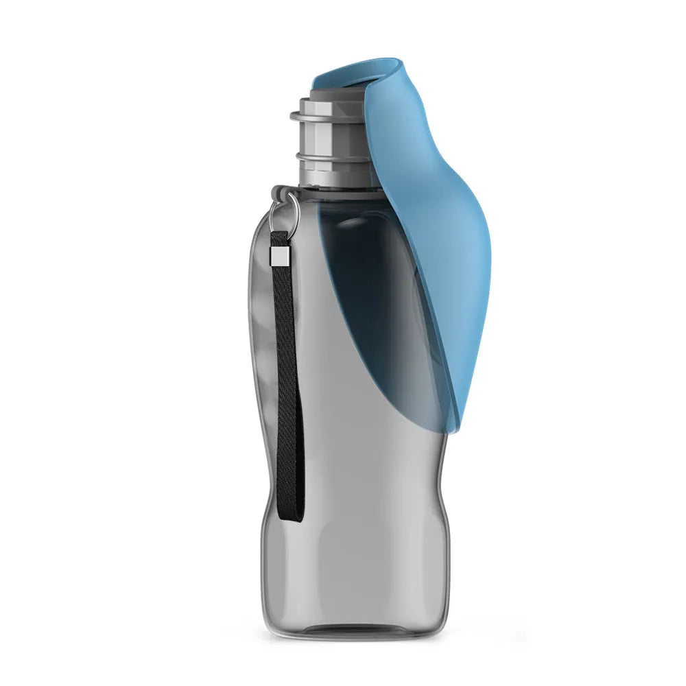 Blue-grey foldable dog water bottle with drinking trough open, showing wrist strap and lock key.