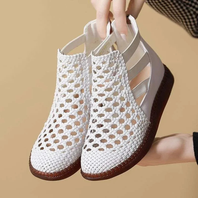 Gold women's flat sandals with breathable hollow-out pattern and soft TPR sole.
