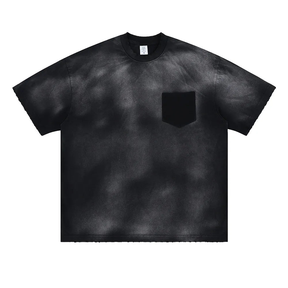Black men's t-shirt with printed letters, loose fit and drop-shoulder sleeves in washed cotton fabric