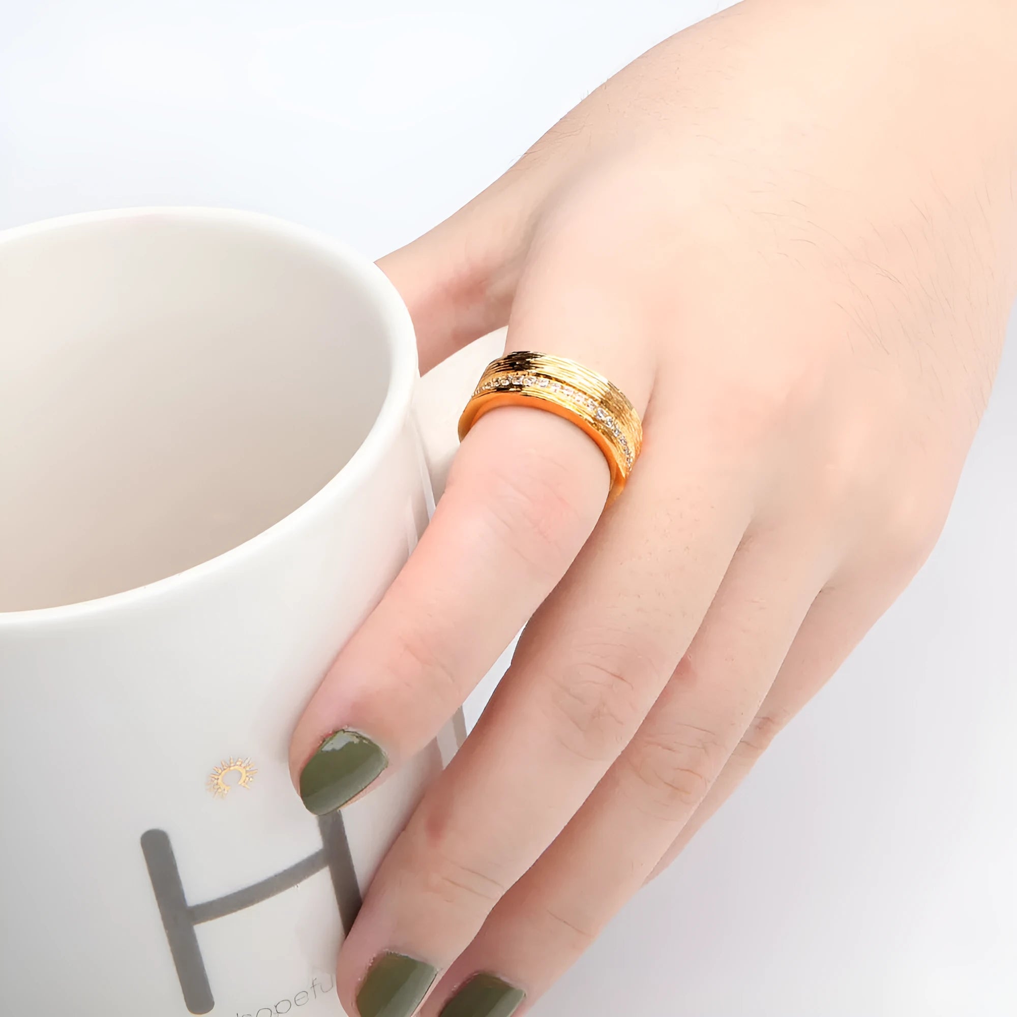 Gold geometric women's ring with zircon accents on copper base in sizes 6, 7, and 8