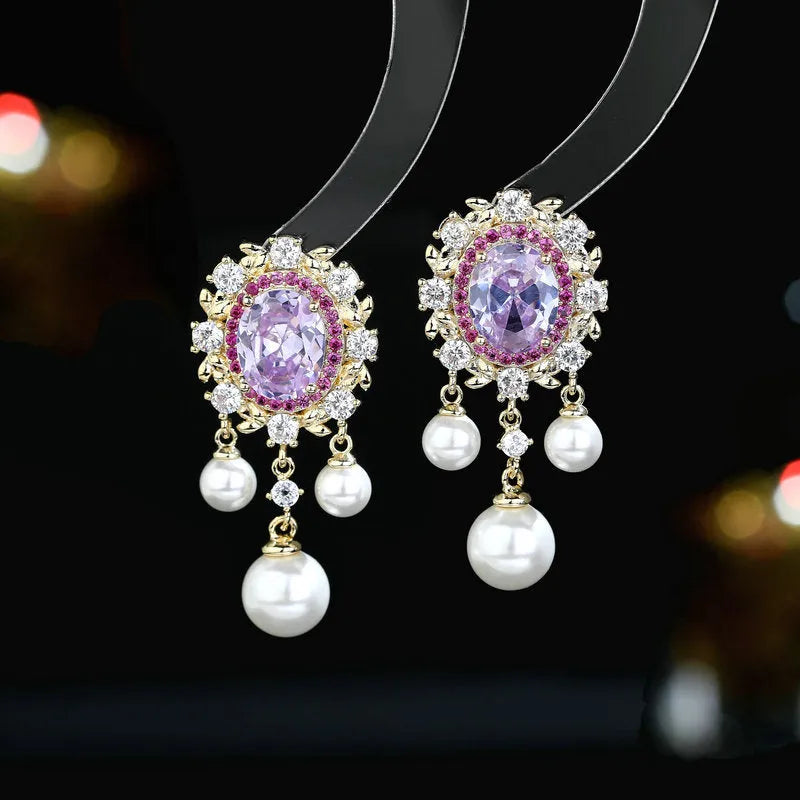 Oval geometric copper earrings with inlaid zircon accents and pearl tassel drops in light purple colour