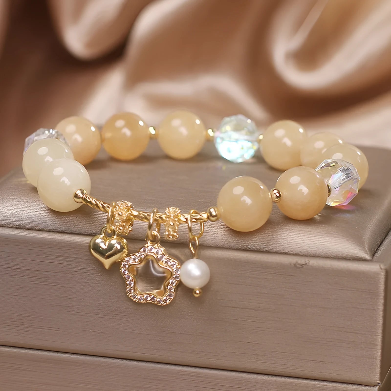 Super sweet mori style citrine bracelet with yellow natural stone pentagram pendant on surface