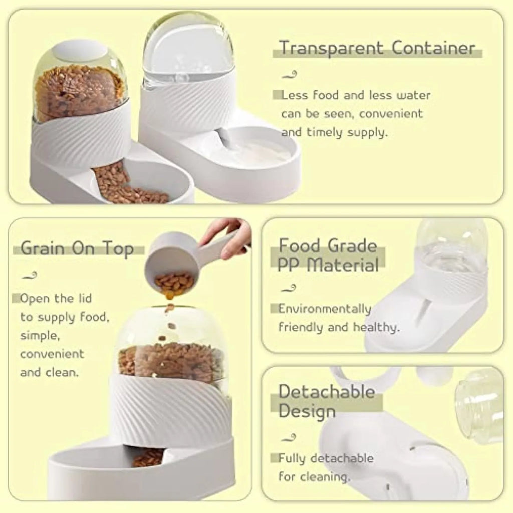 White gravity cat feeder and water dispenser set with wave-shaped design, 2L capacity each.