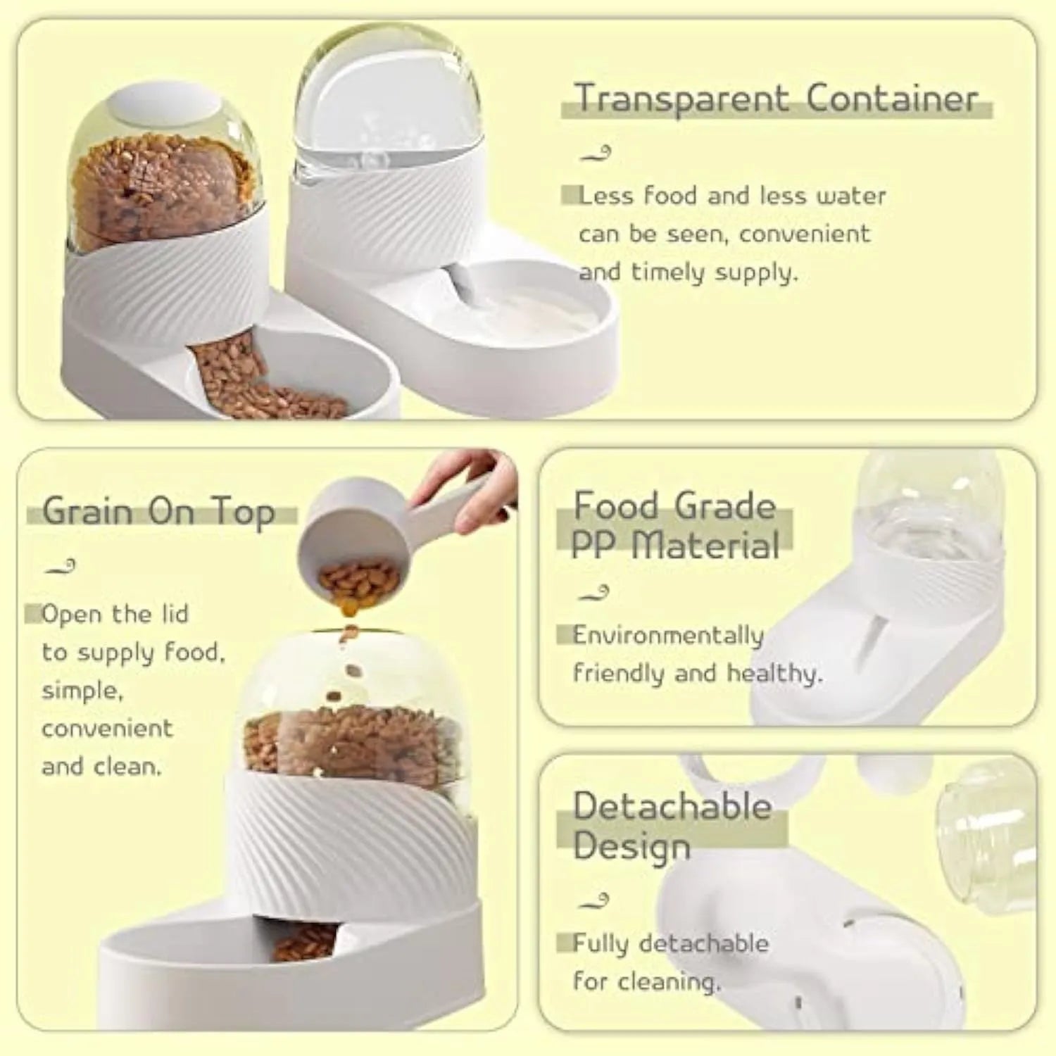 White gravity cat feeder and water dispenser set with wave-shaped design, 2L capacity each.