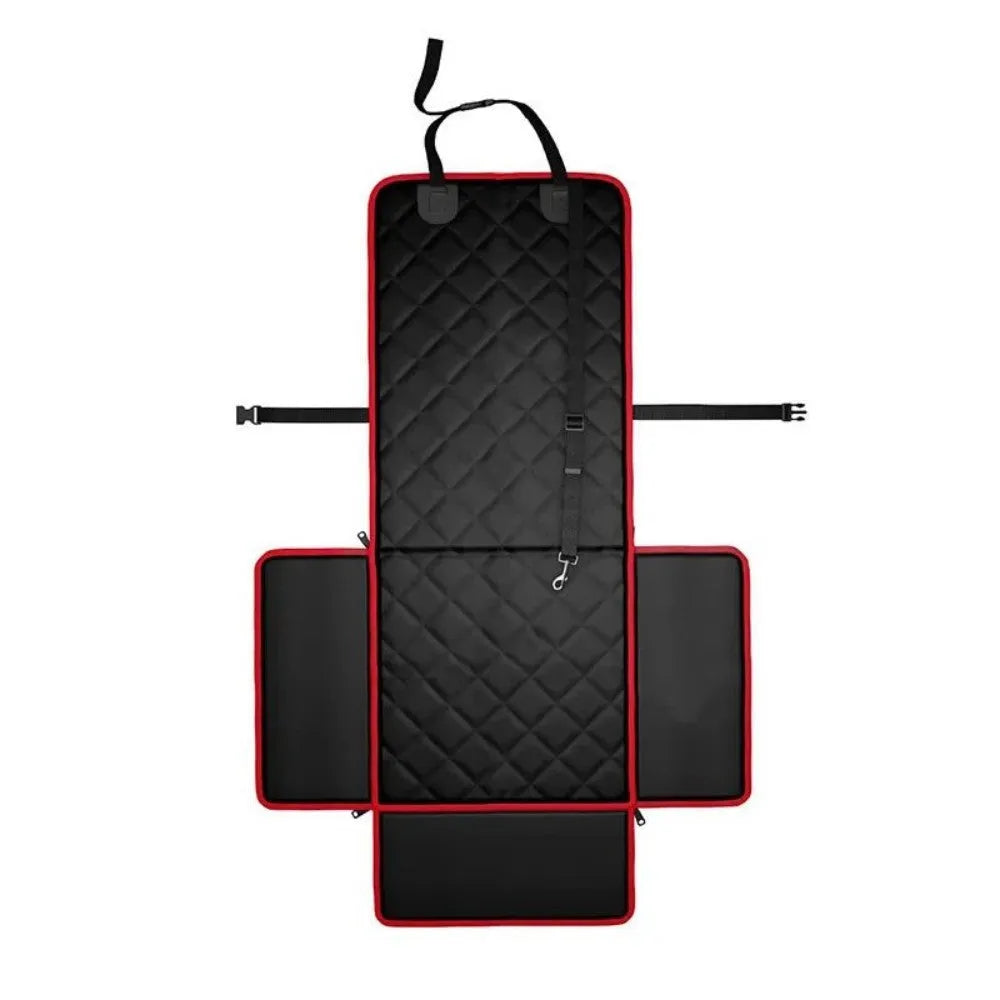 Black pet car pad with non-slip base on vehicle front seat, measuring 42x42x20cm