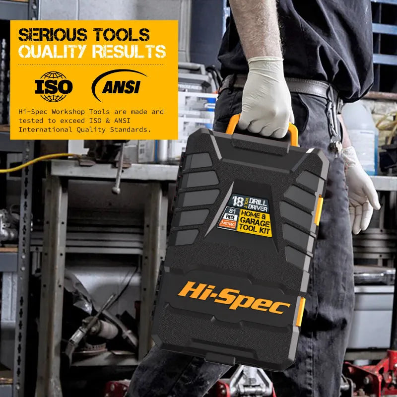 Grey yellow US-style case containing an 82-piece chrome-vanadium steel tool combo set for home repair.