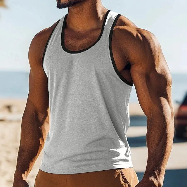 Solid colour polyester slim fit men's summer vest in a range of colours including black, white, red, green, blue, grey, and light blue
