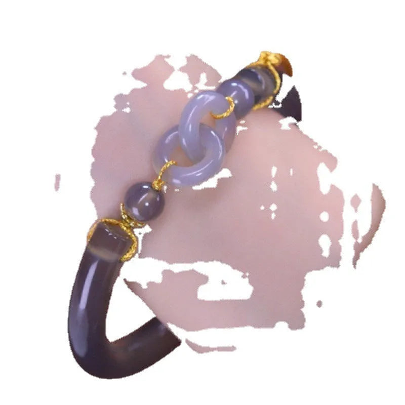 Smoke purple and grey agate half bracelet for women with a metal ring buckle clasp.