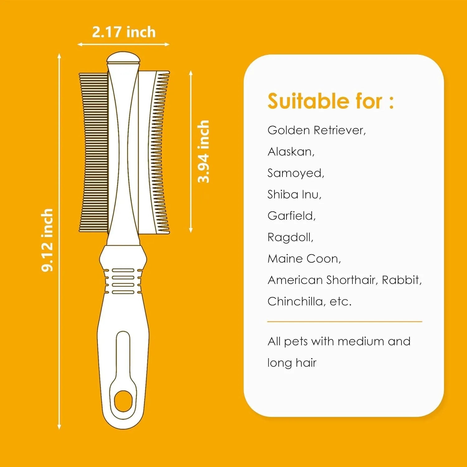 White double-sided pet grooming brush showing comb and deshedding sides, measuring 230mm