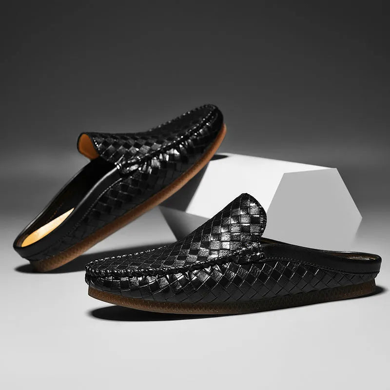 All-matching men's summer plus size slip-on pumps in black, artificial PU upper with plaid pattern, rubber sole, flat heel