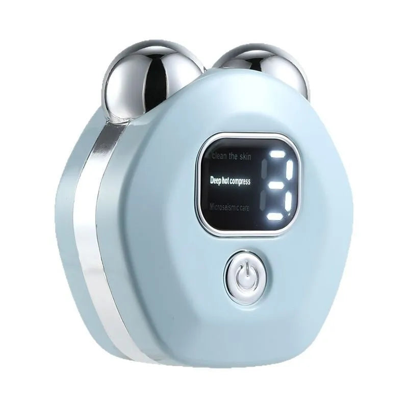 Portable white beauty instrument with double roller head for hot compress and micro current facial massage.