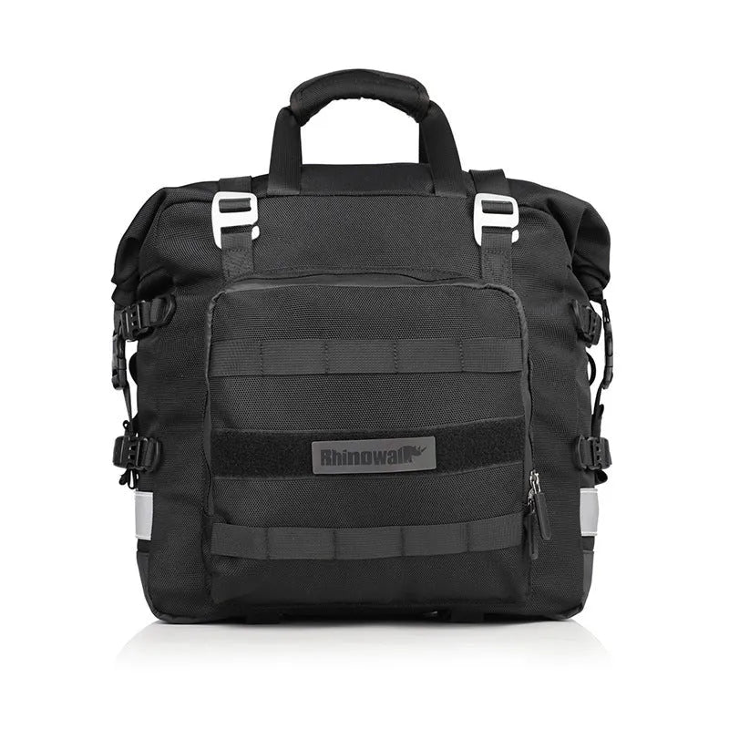 Black 20L quick-release motorcycle side bag mounted on a bike.