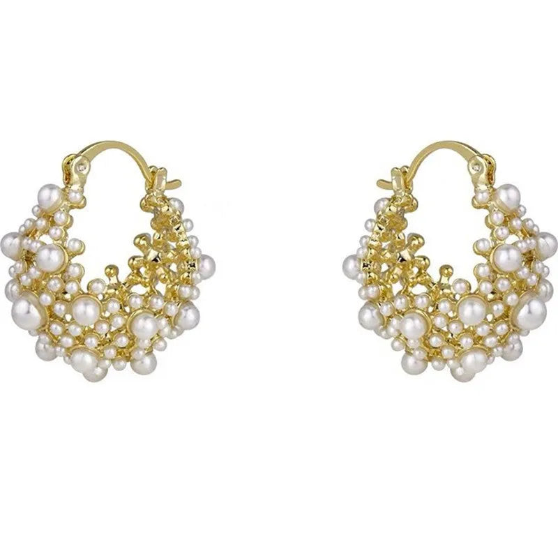 Women's gold flower basket earrings with small rice beads and pearl inlay on copper