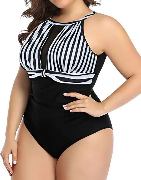 Women's one-piece lace swimsuit in polyester available in black, stripes, or red flower patterns
