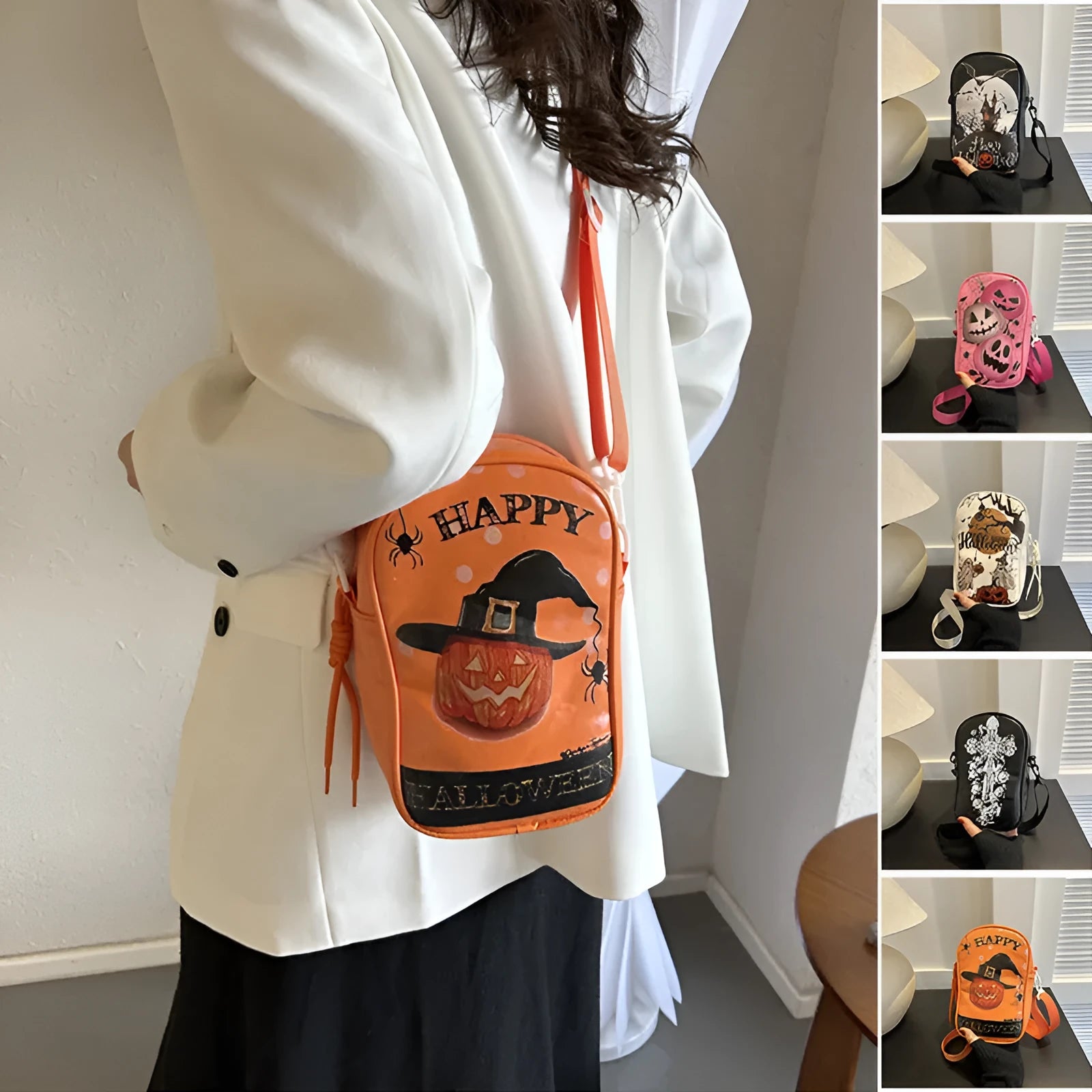 Black Halloween crossbody bag with graffiti print of cartoon pumpkins, ghosts, and bats.