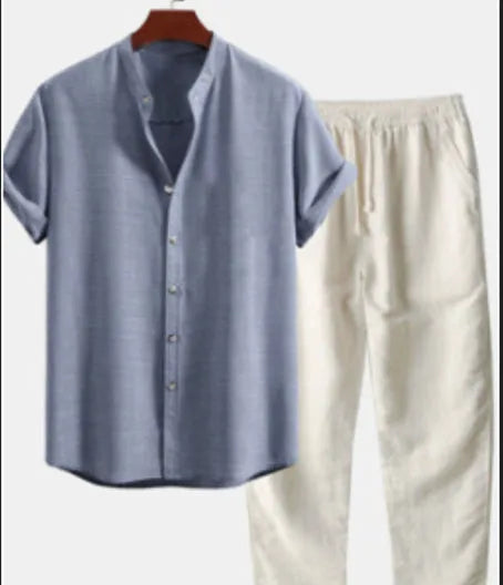 Men's slim fit suit shirt and trousers set with printed floral pattern in casual cardigan style