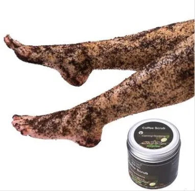 Coconut oil coffee scrub in a jar with natural exfoliating granules for deep cleansing and cellulite reduction