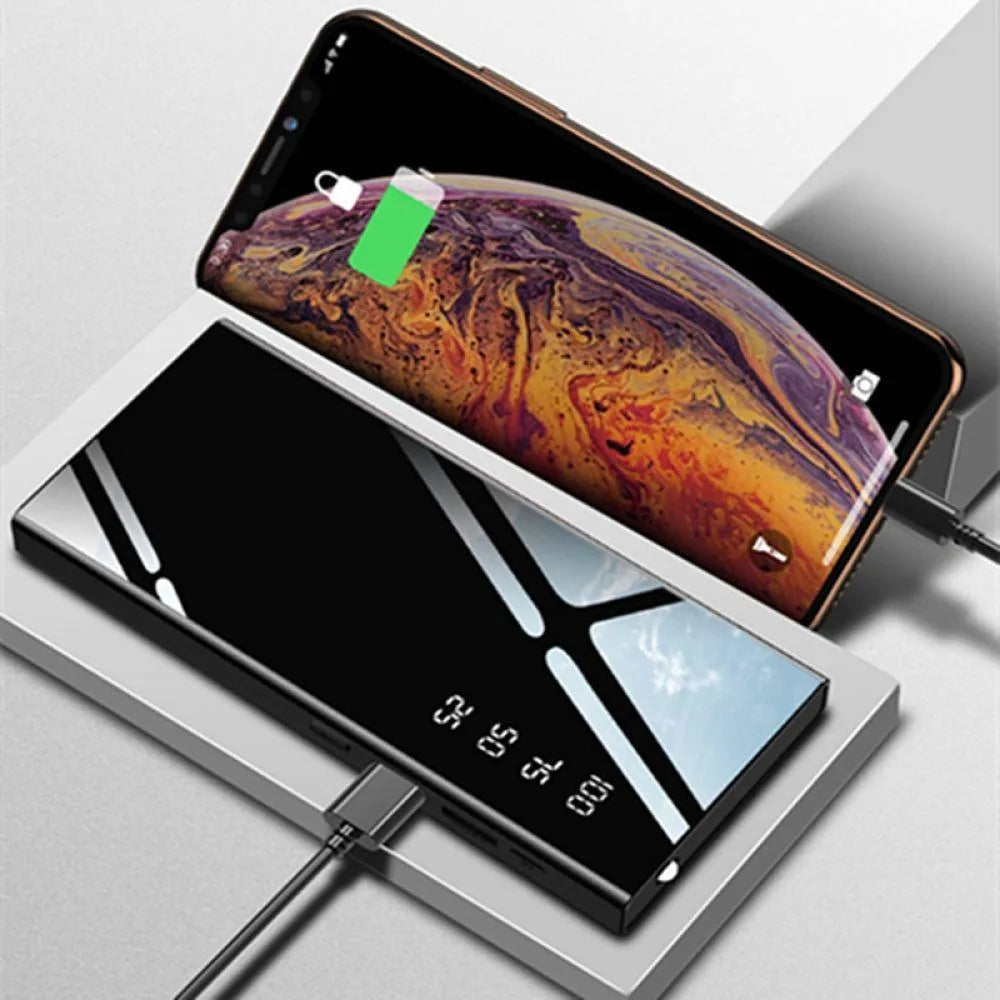 20000mAh portable power bank with LCD display showing battery percentage and dual USB ports