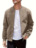 Man wearing a casual army green suede zip-up jacket with a regular fit.