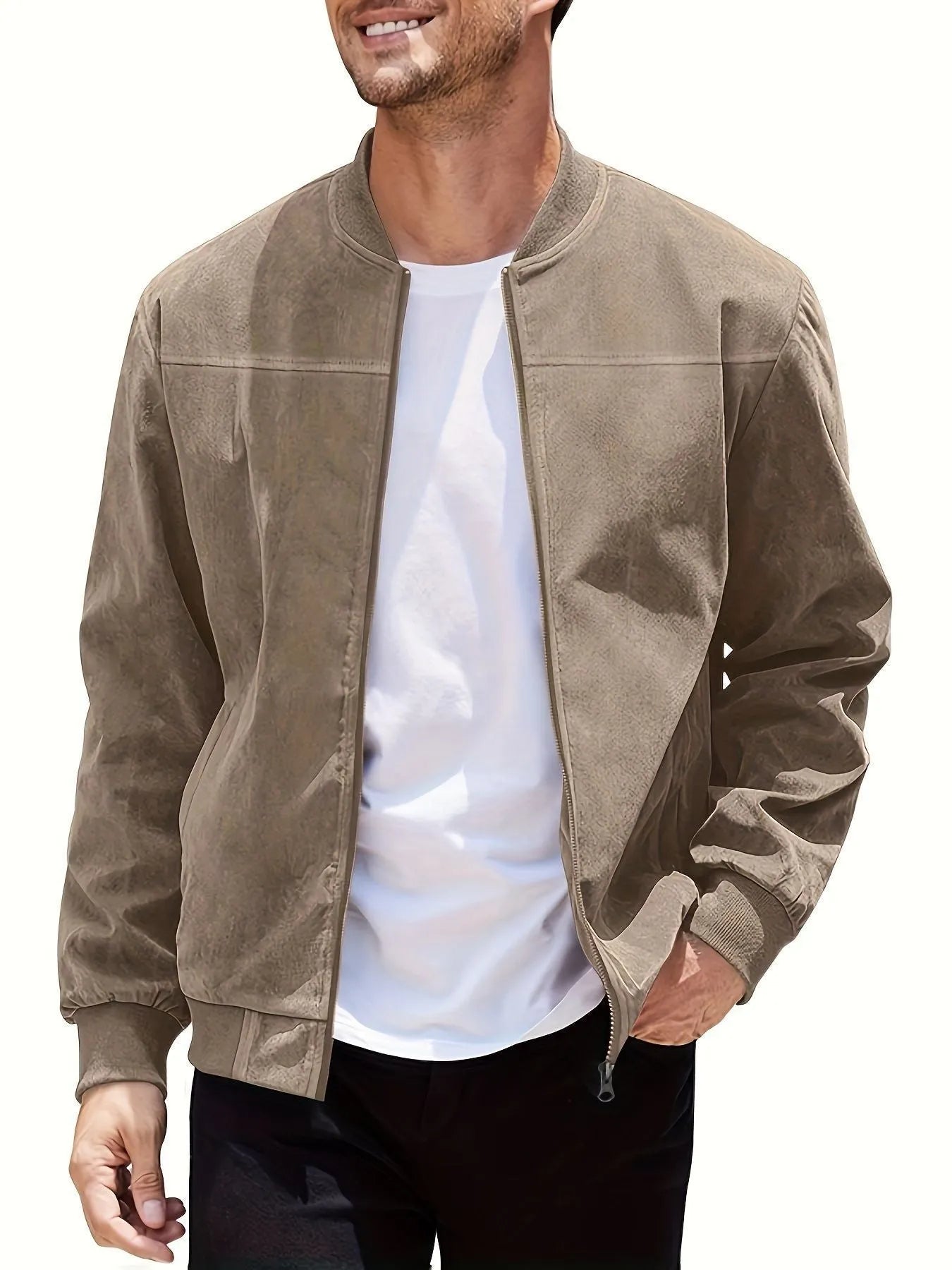 Man wearing a casual army green suede zip-up jacket with a regular fit.