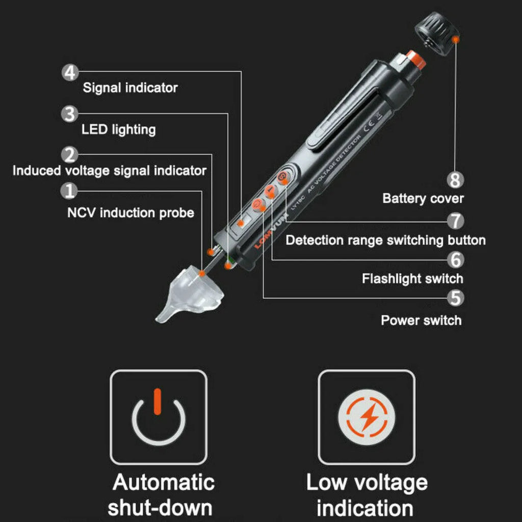 Black intelligent electrical test pencil with display screen and sensor tip for line detection