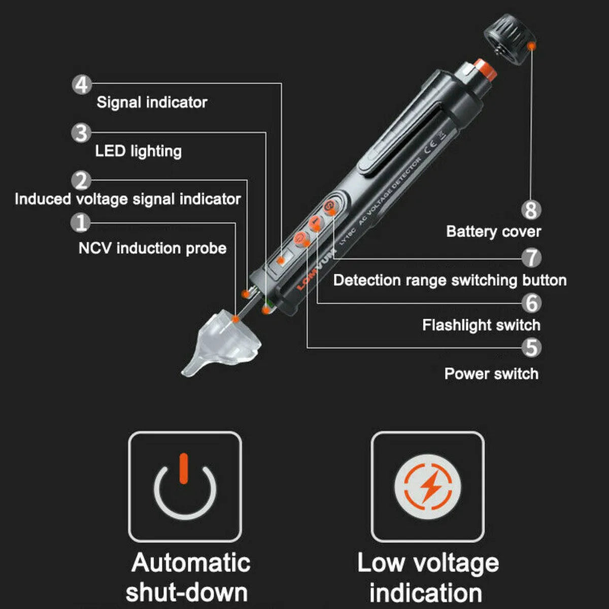 Black intelligent electrical test pencil with display screen and sensor tip for line detection
