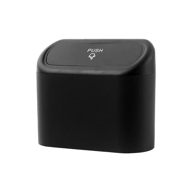 Black folding car trash can with seat mounting bracket and waterproof plastic construction