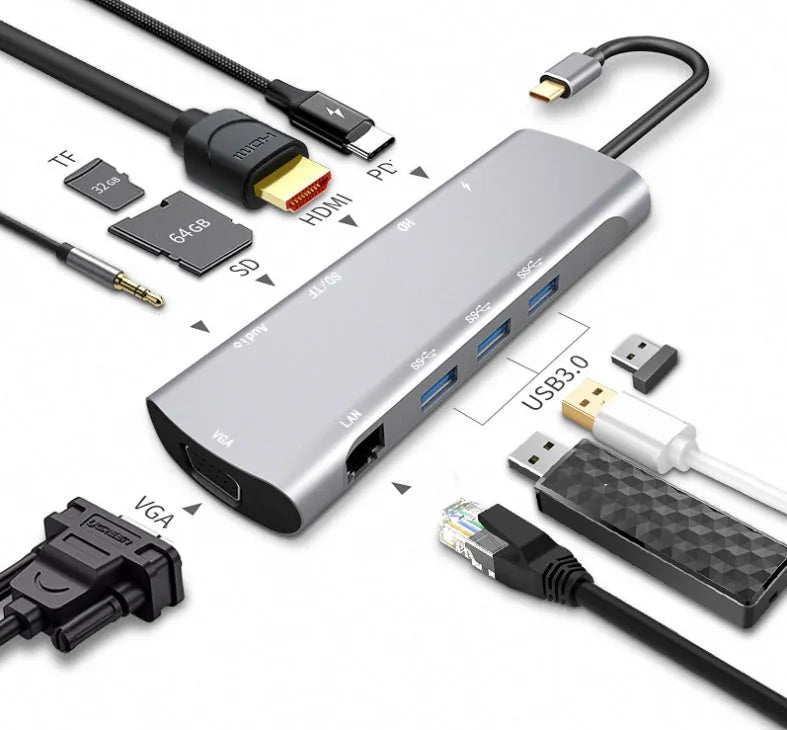 Grey aluminium USB-C docking station with HDMI, VGA, USB 3.0, and USB-C PD charging ports.
