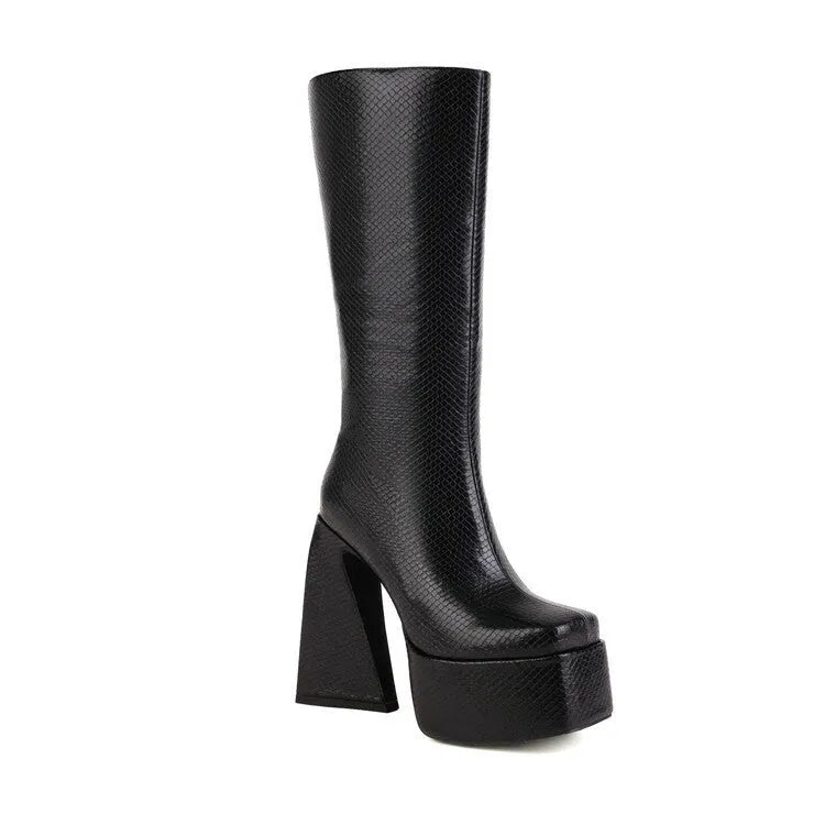 Women's black knee-high casual boots made from artificial PU material on a white background.