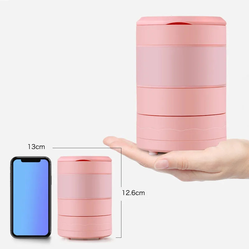 Blue mini portable blender with USB charging port and stainless steel blades, shown extended and collapsed.