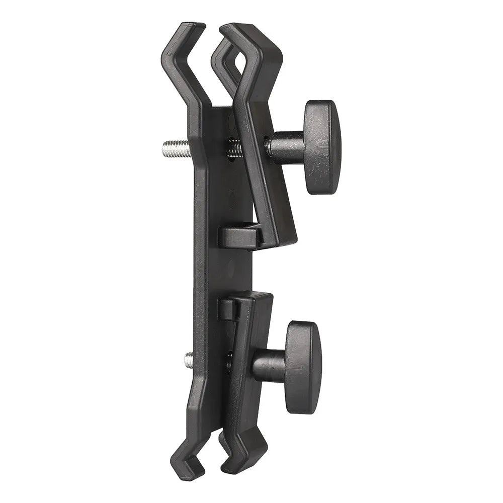 Black ABS plastic umbrella clip for camera tripods with adjustable screw clamp mechanism