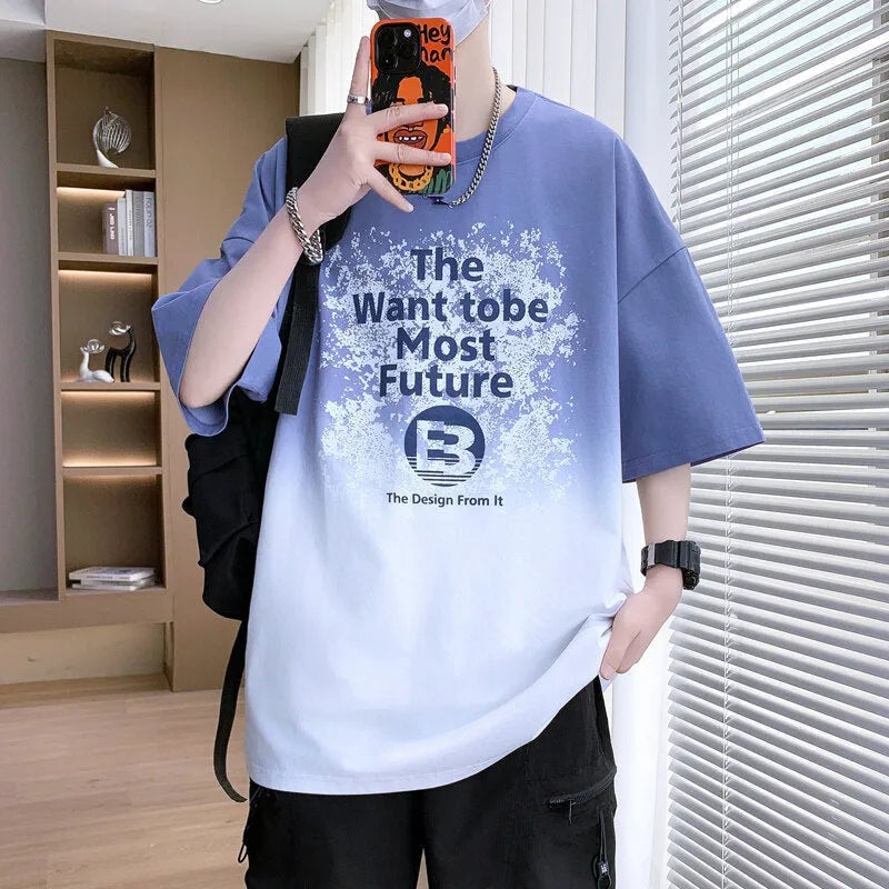Boys cotton t-shirt with printed text pattern in dark blue colour with drop-shoulder short sleeves