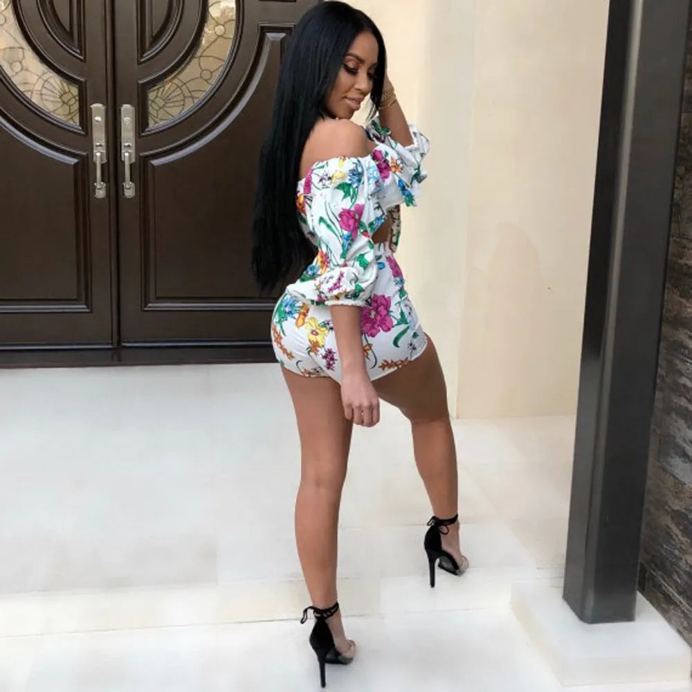 Women's multicolour digital print two-piece set with pile sleeve top and matching shorts.