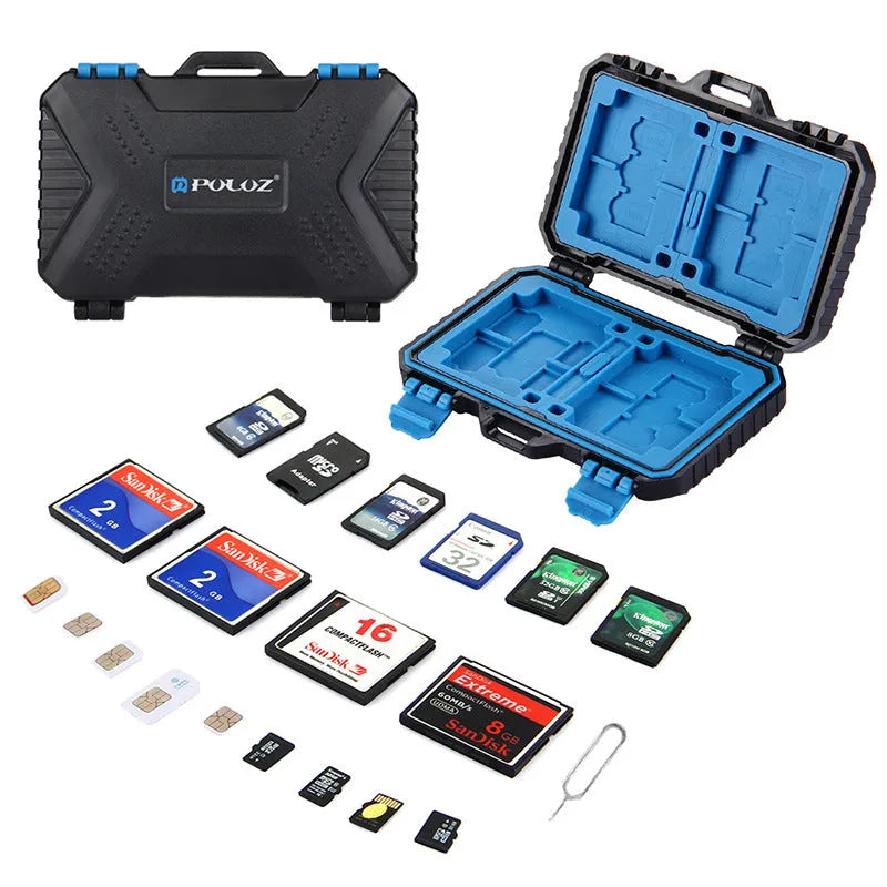 Black waterproof memory card case open showing compartments for CF SD TF SIM cards