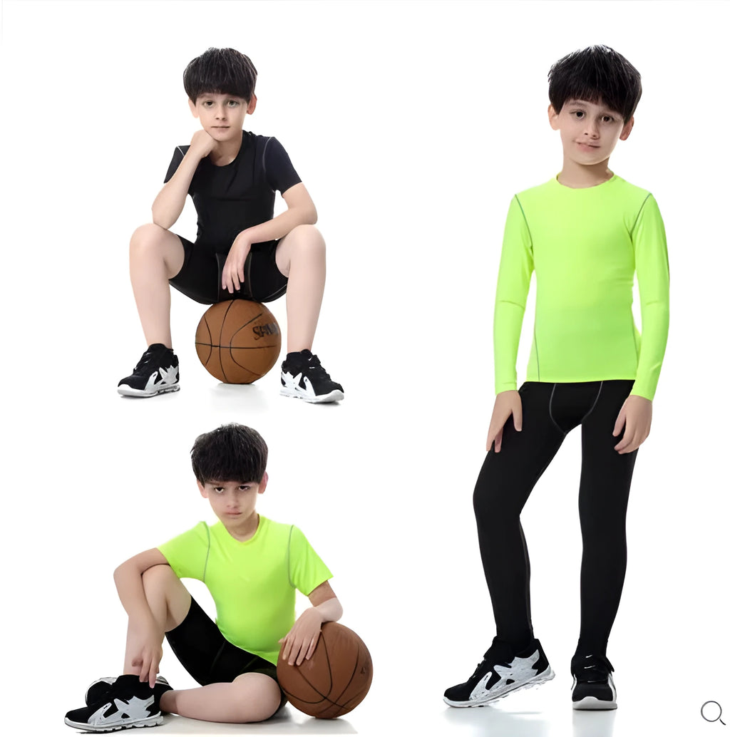 Kids sportswear set including black and green t-shirts, shorts, and trousers on a size chart.