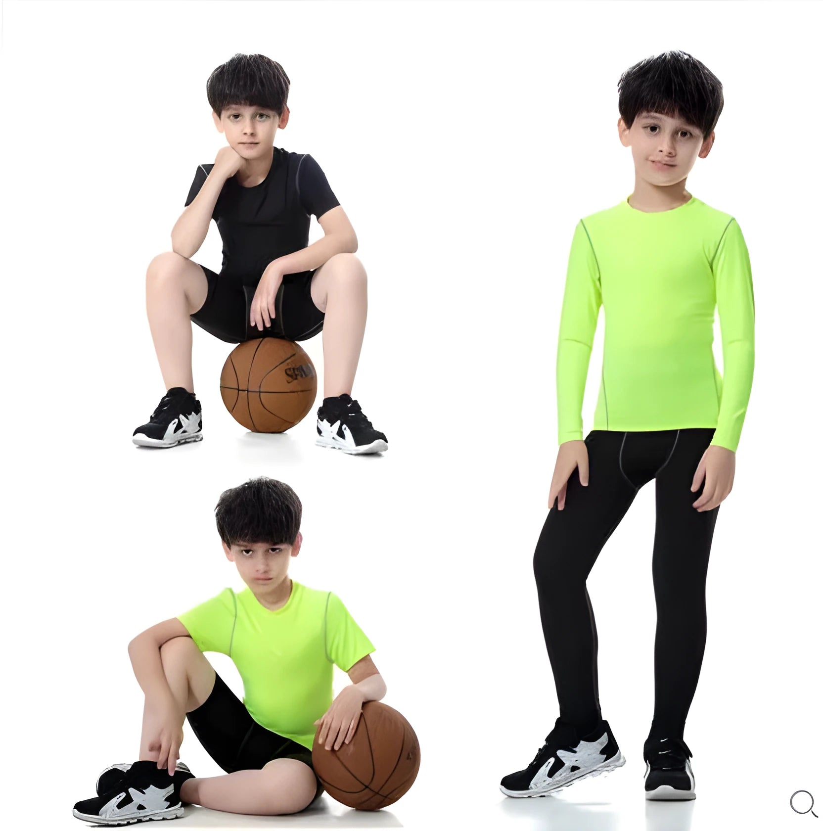 Kids sportswear set including black and green t-shirts, shorts, and trousers on a size chart.