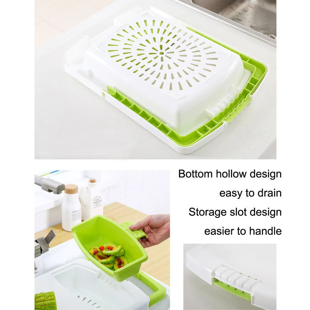 Green kitchen drain cutting board with drainage holes and storage trough mounted on a sink