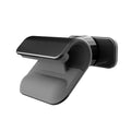 Black 360-degree rotating car phone holder mounted on a car air vent, showing a mobile phone secured in the cradle
