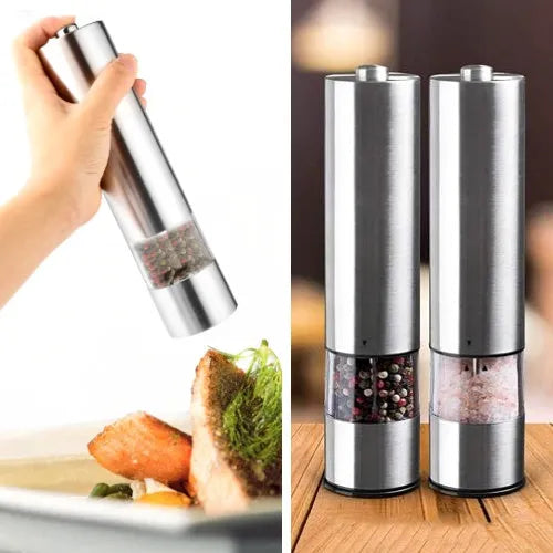 Stainless steel electric spice grinder with ceramic burrs on a kitchen counter.