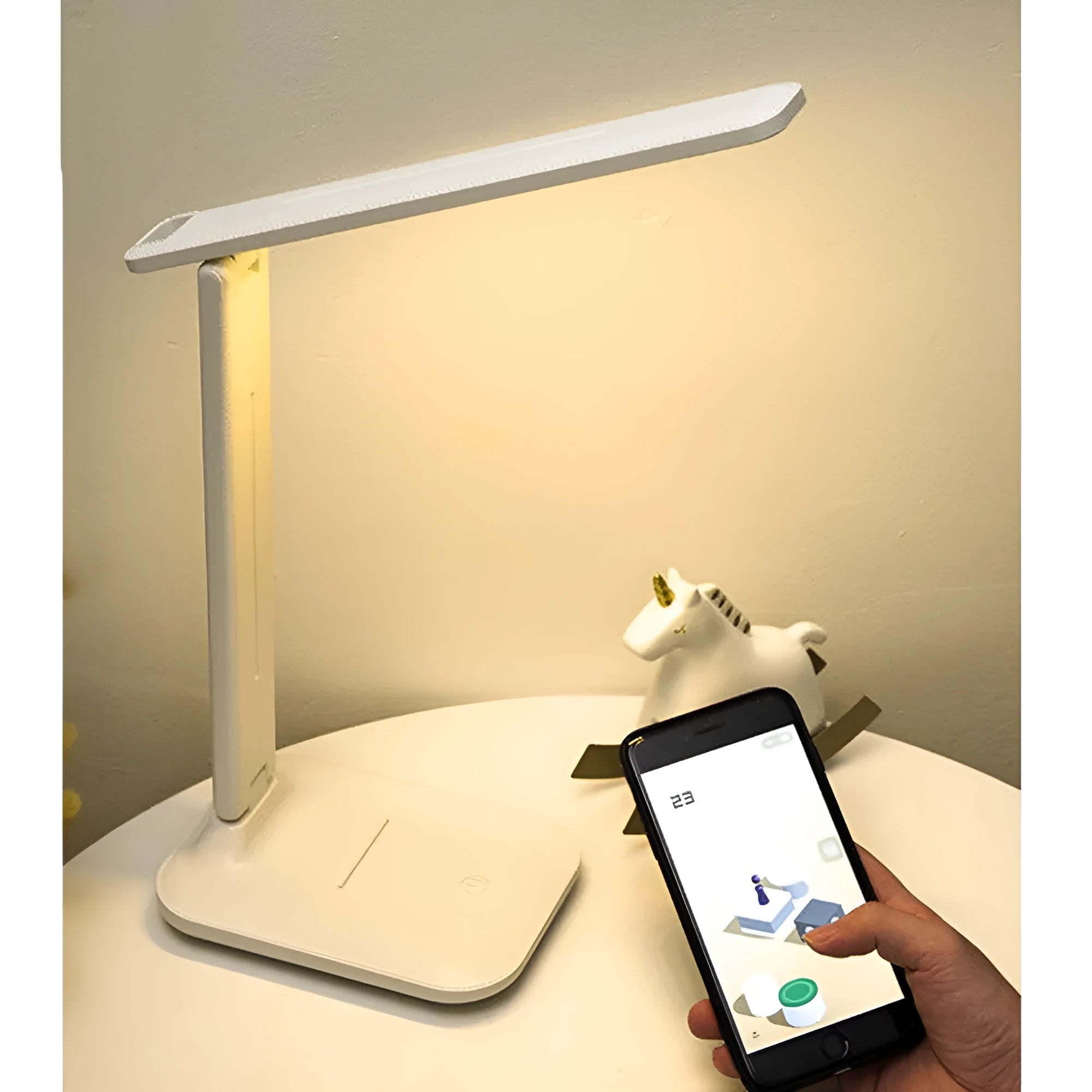 White children's bedside lamp with touch dimming control and USB charging port