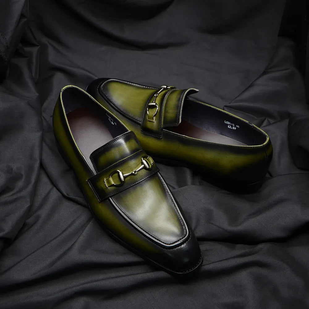 Men's cowhide leather shoes with pointed toe, horseshoe heel, plaid print in black and green options