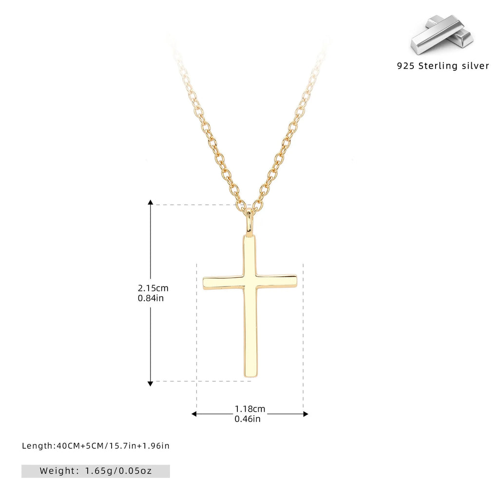 S925 sterling silver necklace with glossy cross pendant on an adjustable O-chain in gold, platinum, or rose gold finish.