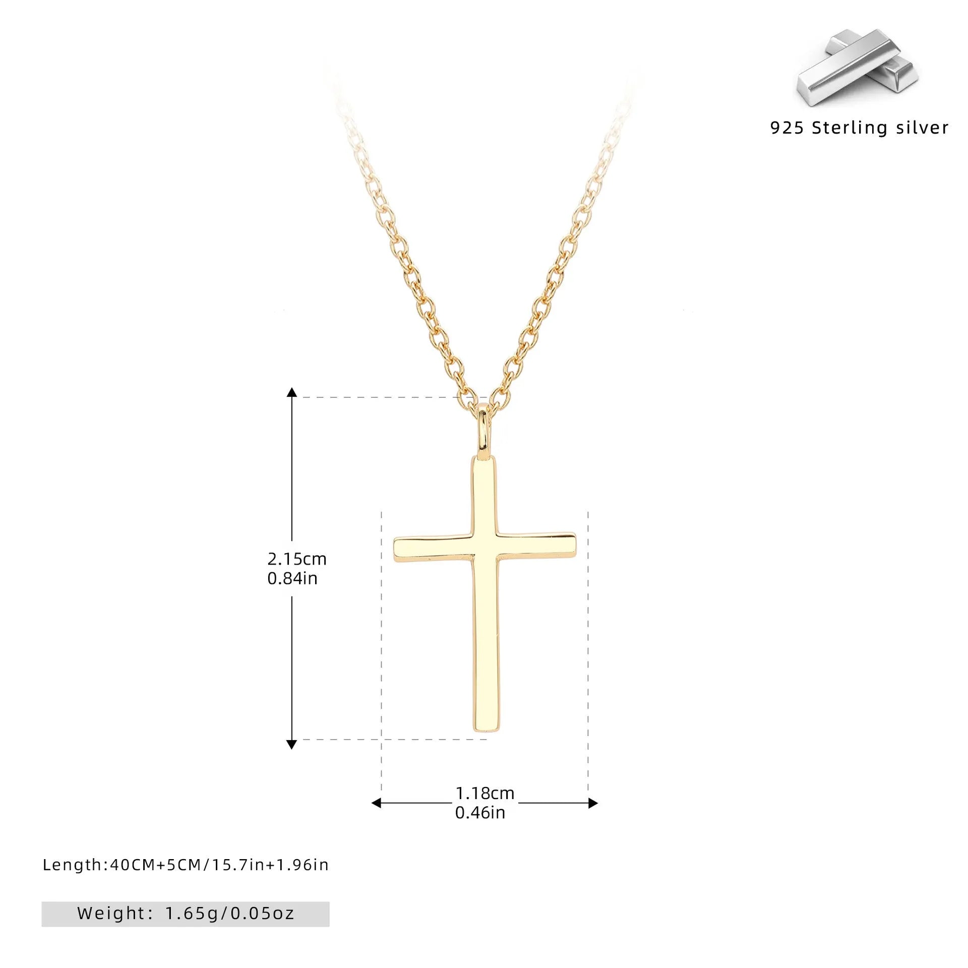 S925 sterling silver necklace with glossy cross pendant on an adjustable O-chain in gold, platinum, or rose gold finish.