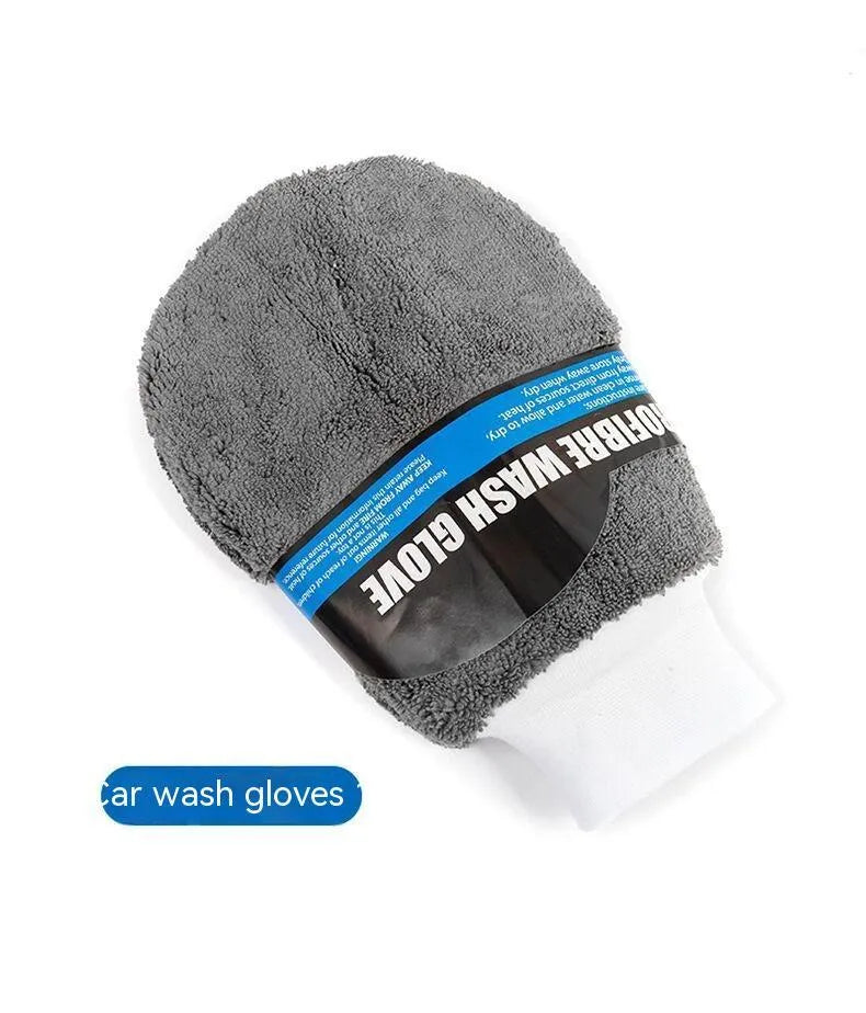 Grey 9-piece car wash set with microfiber sponge, glove, tyre brush, waxing wipes, and towels.